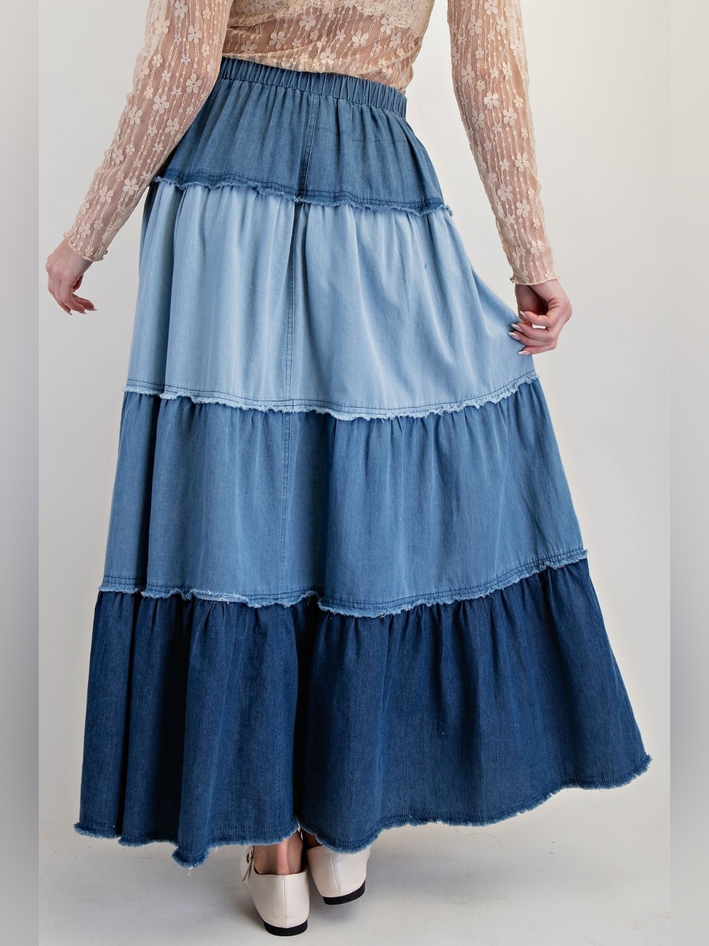 Tiered Denim Maxi Skirt - Blue - Picture 2 of 3